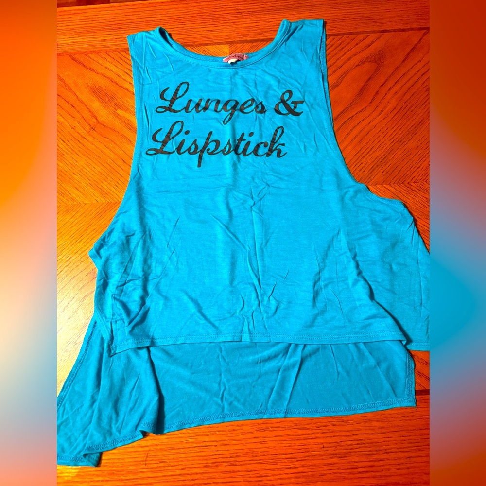 Vibrant Blue Muscle Tee with Lunges & Lipstick Design size medium